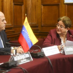 Congresista Lourdes Alcorta interviene durante la visita del presidente de la Asamblea Nacional de Venezuela, Julio Borges Junyent, en la Comisión de Relaciones Exteriores. 