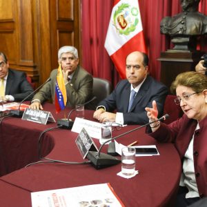 Congresista Lourdes Alcorta interviene durante la visita del presidente de la Asamblea Nacional de Venezuela, Julio Borges Junyent, en la Comisión de Relaciones Exteriores. 